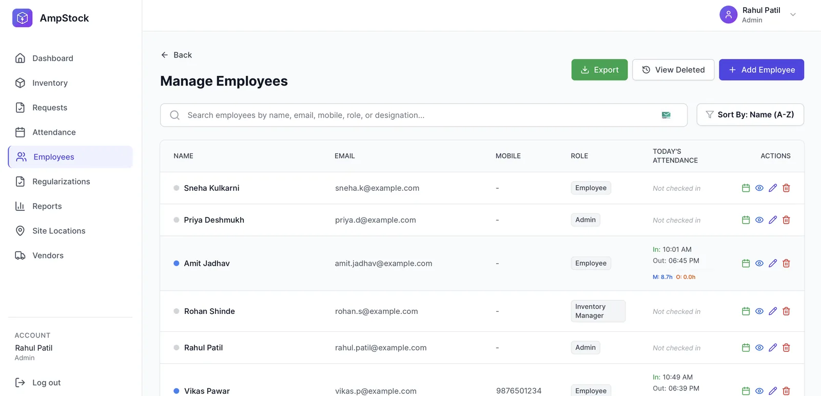 AmpStock employee list with today’s check-in and check-out times