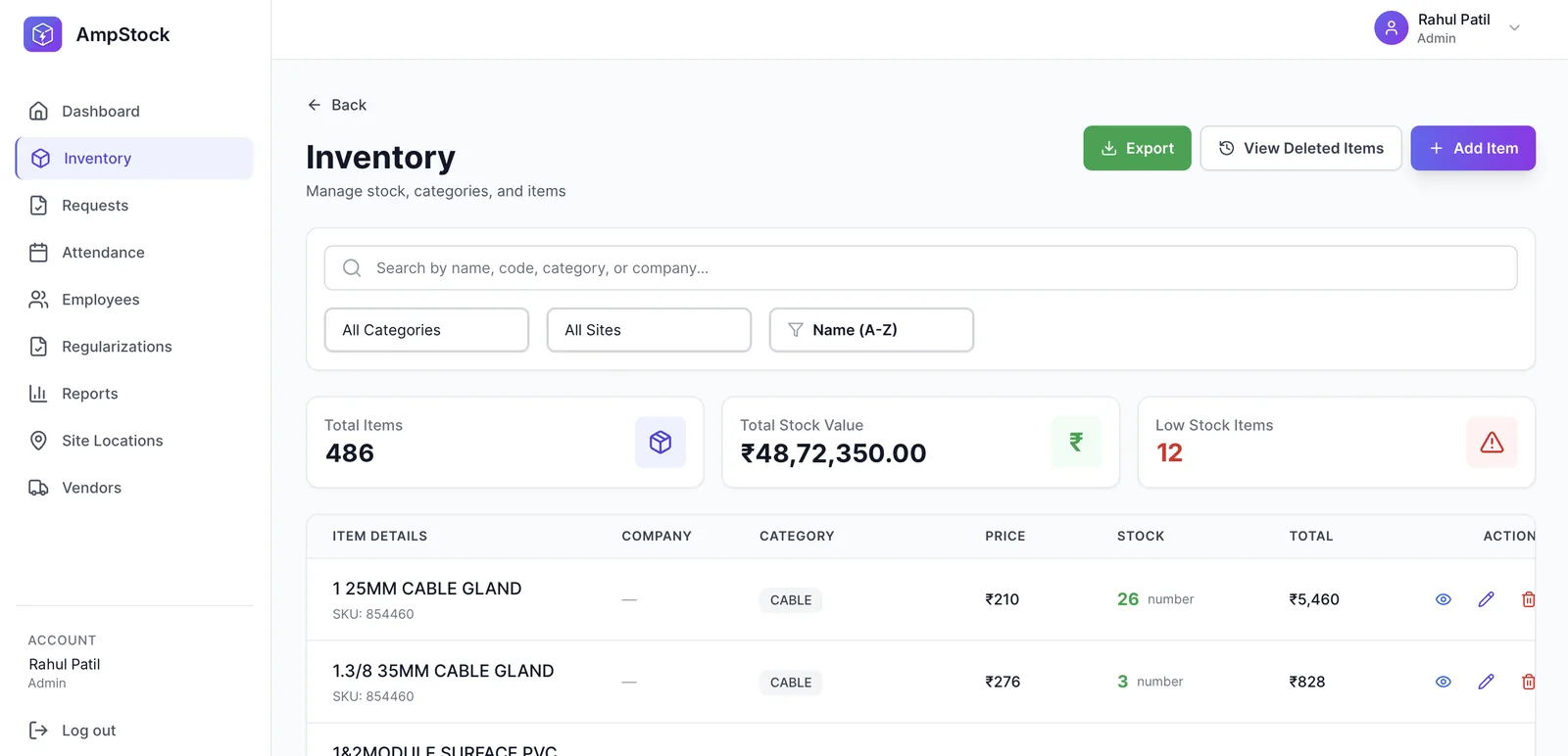 AmpStock inventory list with item codes, prices, stock levels and total stock value