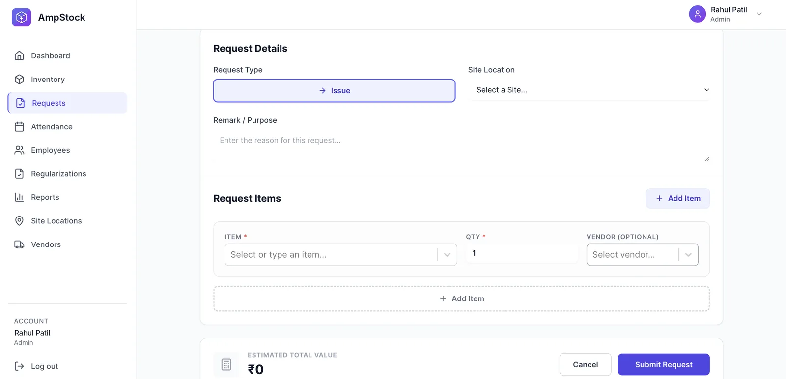 AmpStock material request form with site, items, quantity and vendor
